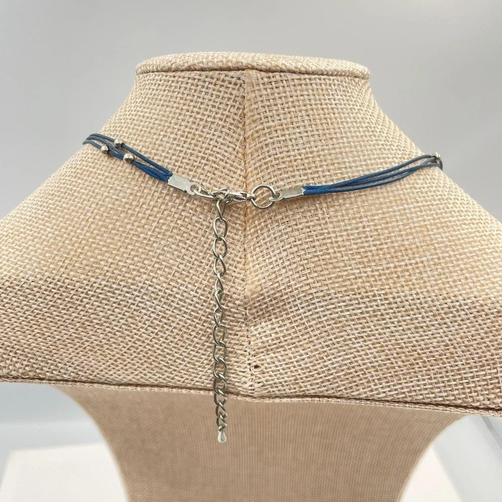 Vtg Artisan Multi-Layer Blue Cord Necklace Teal Glass Crystal Gunmetal Grey Bead
